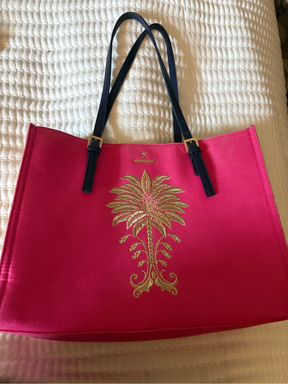 Spartina Hot Pink Canvas Tote with Gold Palm Embroidery